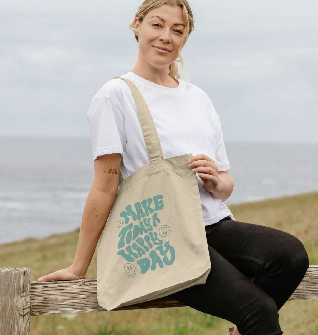 Happy Day Tote Bag, Make Today a Happy Day, Inspirational Bag, Reusable Shopping Bag, Motivational Gift, Eco-Friendly & Fun